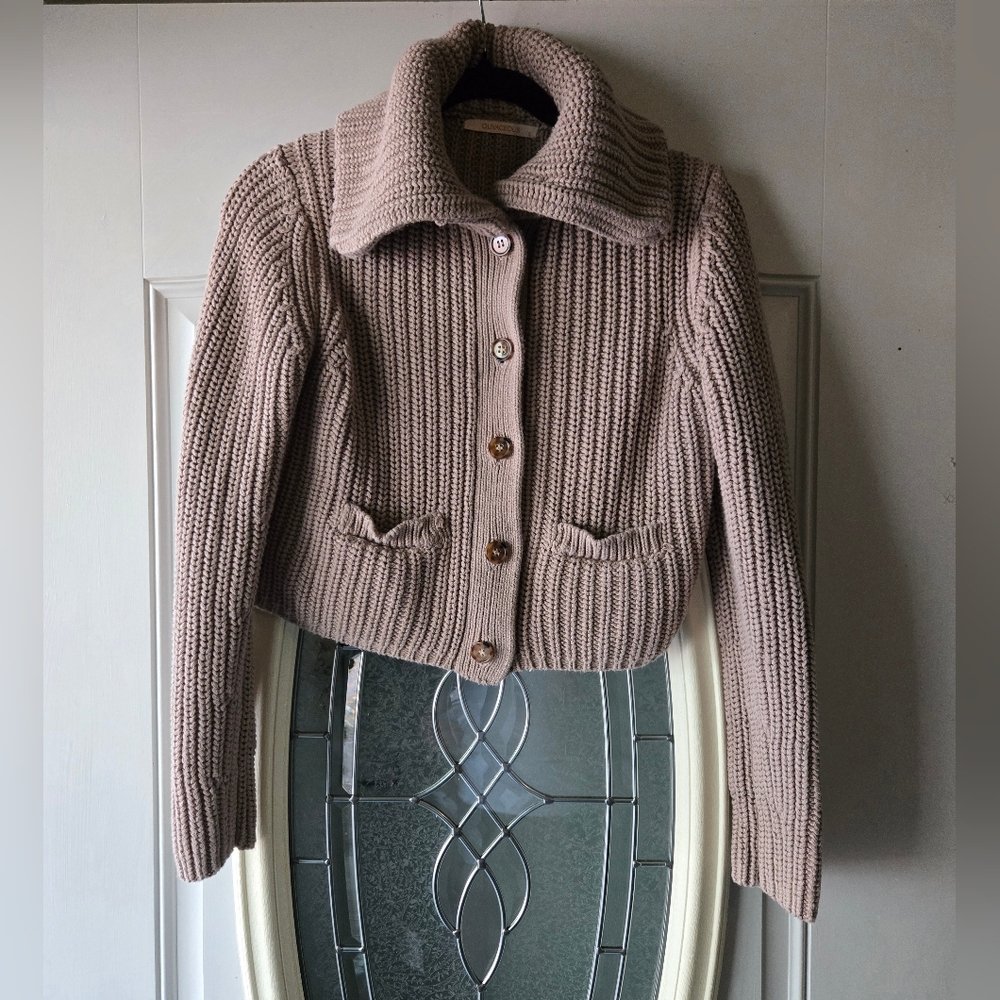 Olivaceous Taupe Ribbed Knit Collared Cardigan – Size Small